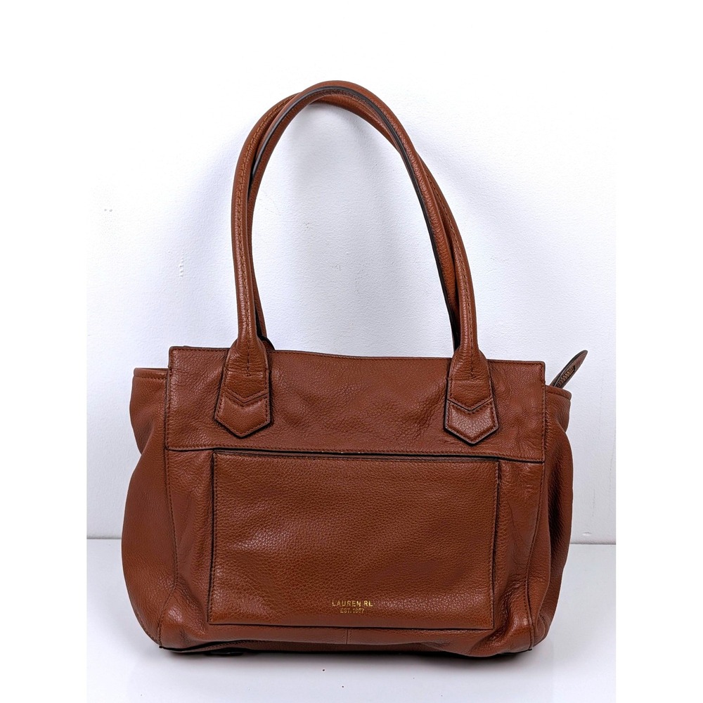 Lauren Ralph Lauren Pebbled Leather Tote Bag Cognac Brown Gold Hardware Zip Top